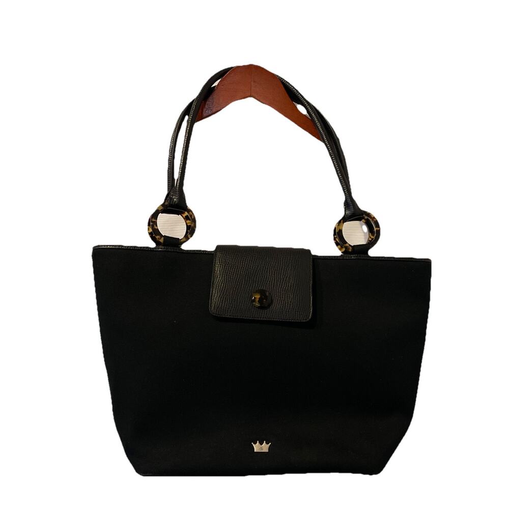 Elaine Turner Designs Handbag in Black Fabric w/ Trapezoid Bucket Shape Tortoise